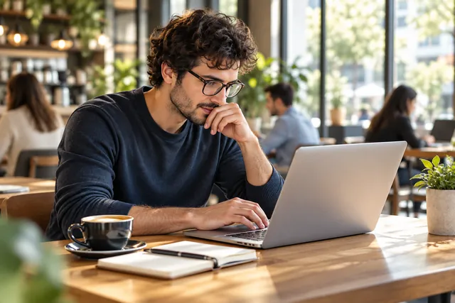 Profesional trabajando con su computador en un café