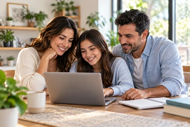 Familia utilizando un computador en su hogar